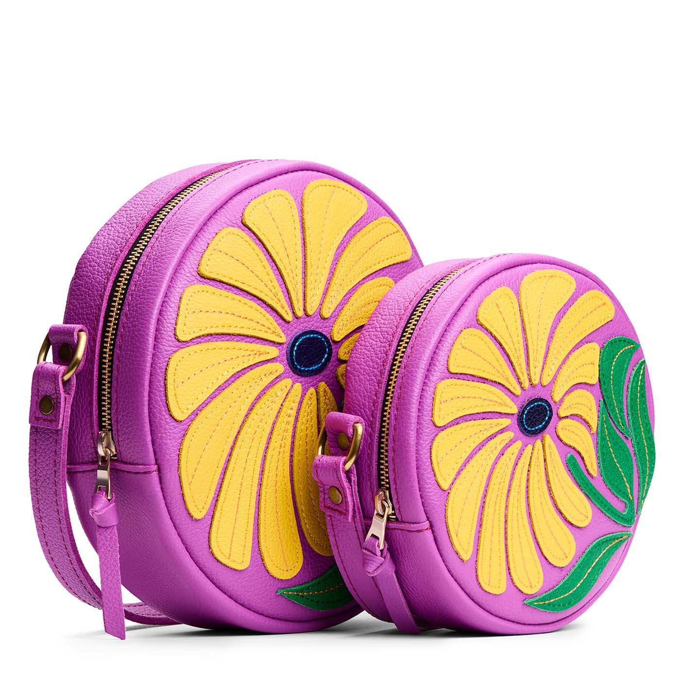 Wildflower Cattleya | Large and small circle shaped crossbody bags with large flower embroidered design