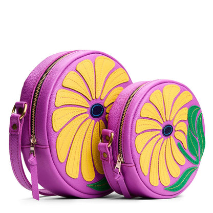 Wildflower Cattleya | Large and small circle shaped crossbody bags with large flower embroidered design