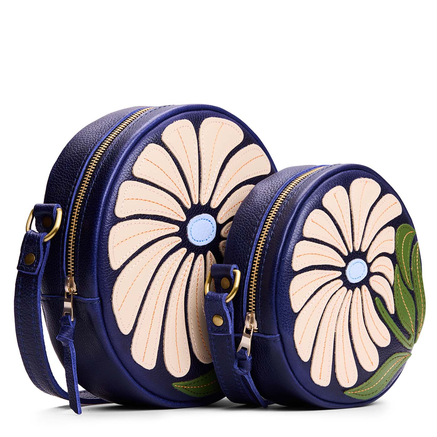 Wildflower Cobalt | Large and small circle shaped crossbody bags with large flower embroidered design