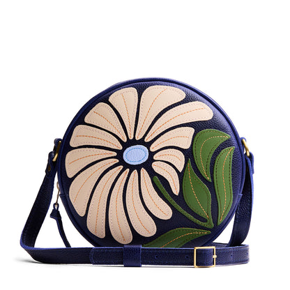 Wildflower Cobalt*Large | Circle shaped crossbody bag with embroidered flower design