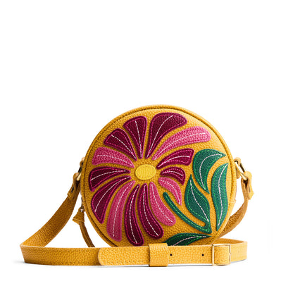 Wildflower Sunshine*Small | Circle shaped crossbody bag with embroidered flower design