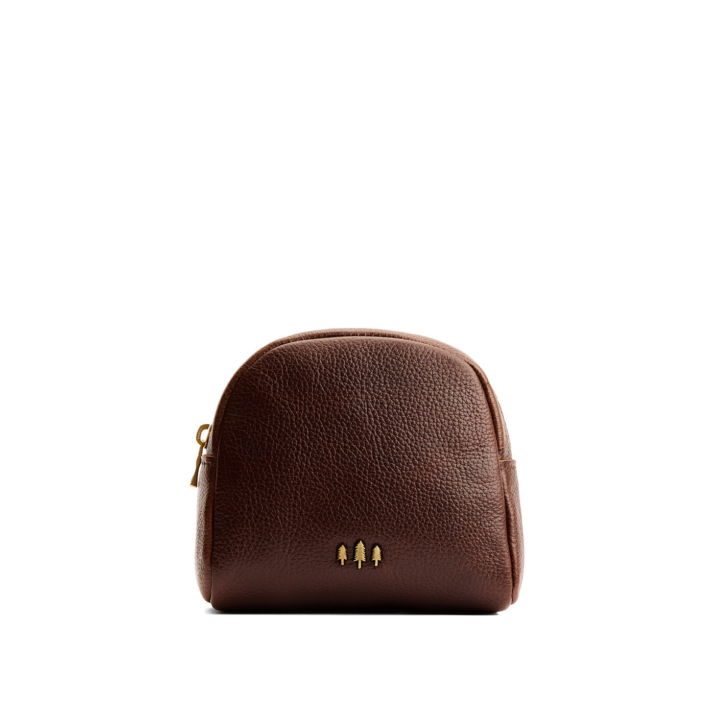 Coldbrew | Curved top leather pouch with zipper opening, flat base, and three metal tree emblems in front