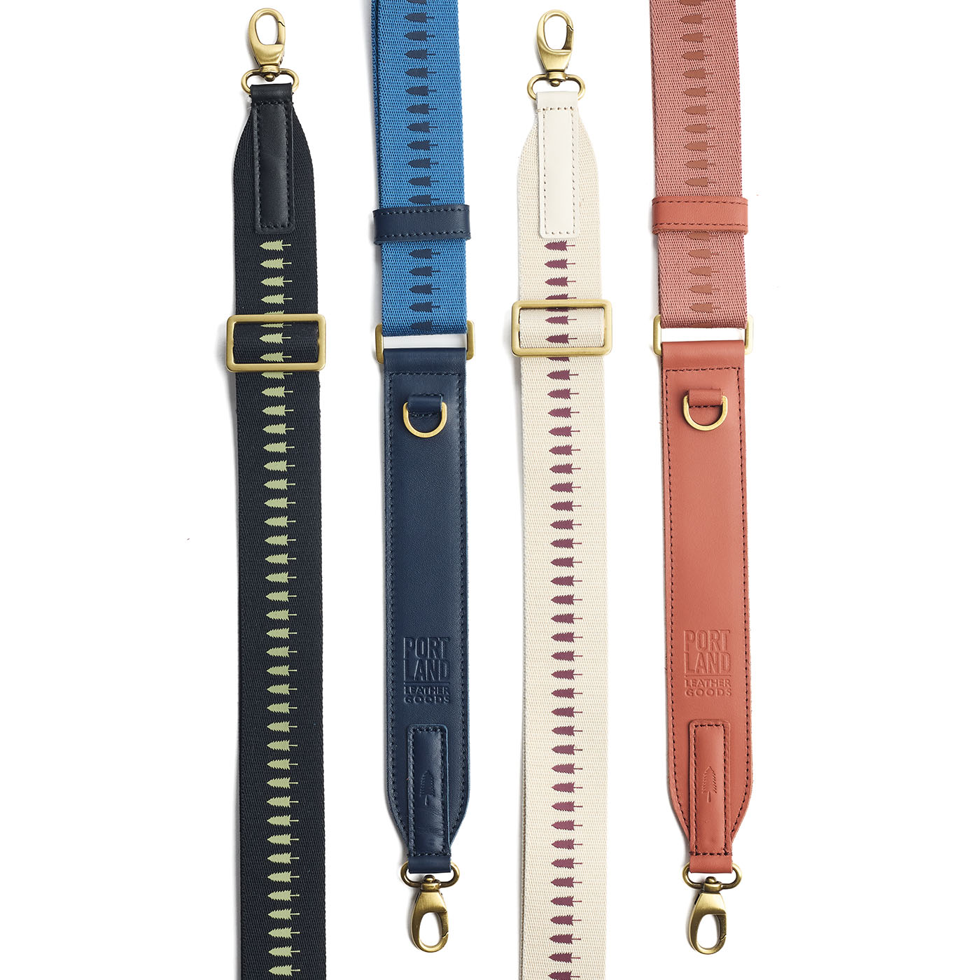 All Variants | Four colorful strap options with brass-toned hardware on a white background