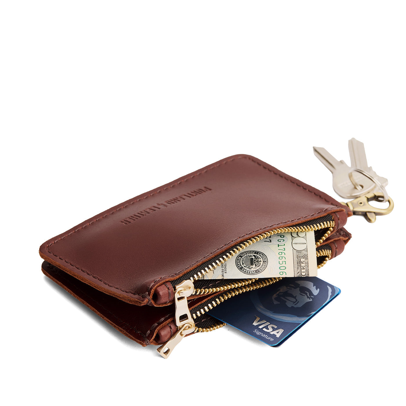 Cognac | Leather double zip wallet with keychain clasp