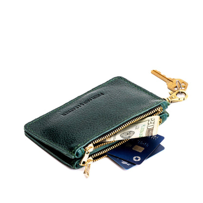 Forest Green | Leather double zip wallet with keychain clasp