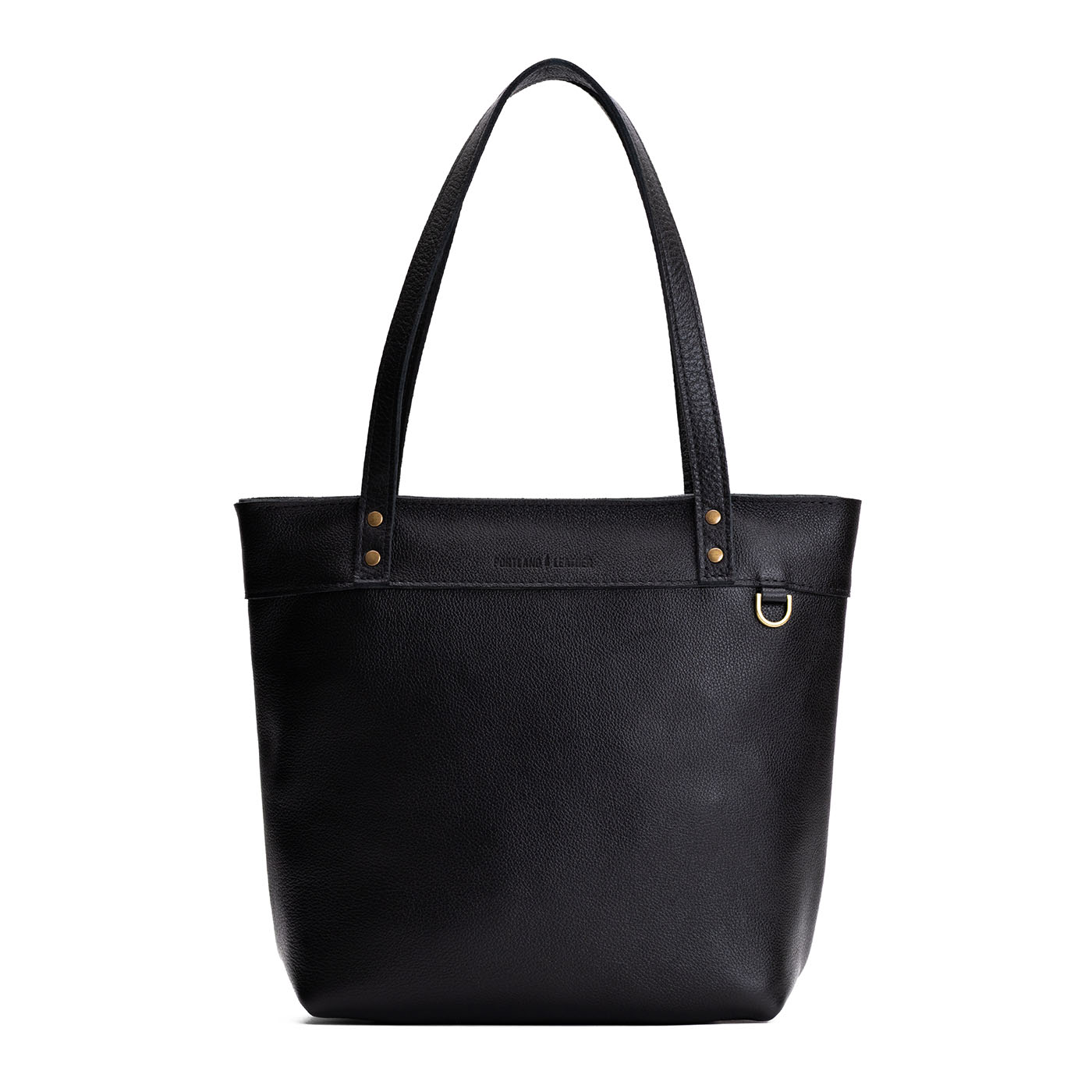 Pebbled--black*Medium*Zipper | Model wearing leather tote bag with riveted straps and exterior key loop