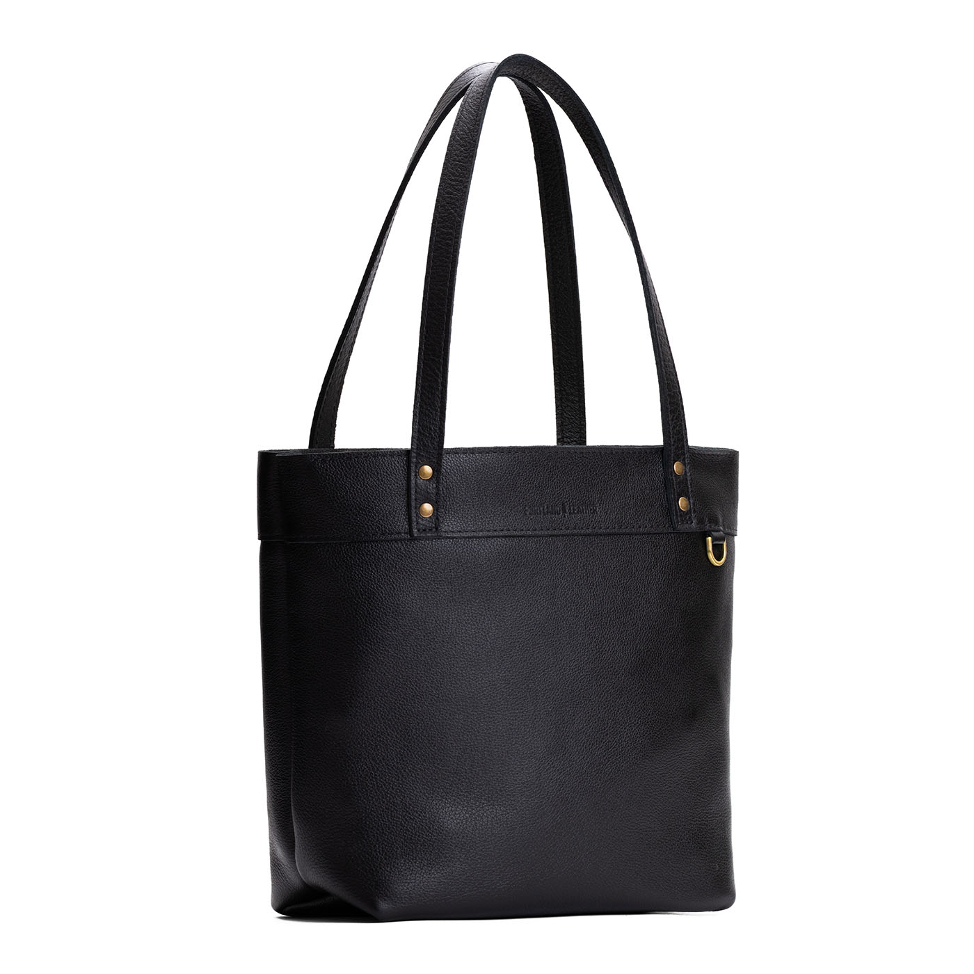 Pebbled--black*Medium*Zipper | Model wearing leather tote bag with riveted straps and exterior key loop