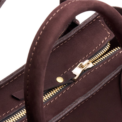Velvet Brown*ANY*Zipper | Petite tote purse with structured leather handles and crossbody strap